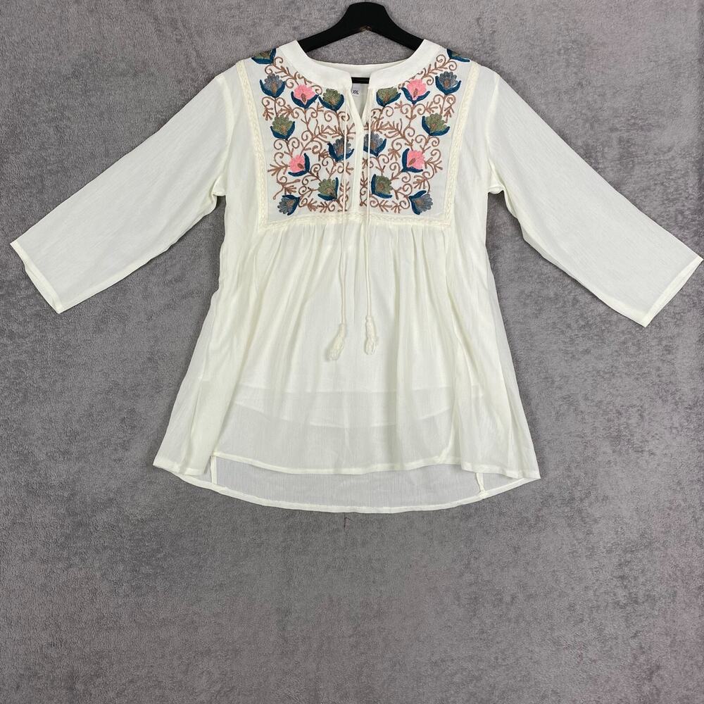 Women Top 2XL Ivory Floral Embroidery Crinkle Pleated Blouse Cottage Renfair